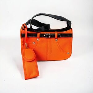 Bright Orange Jeans w/ Black Nylon Belt Double Pocket Shoulder Bag Fixed Strap